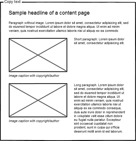 Wireframe-Beispiel für die Anordnung von Text und Bild zueinander: Seite an Seite oder umfließend