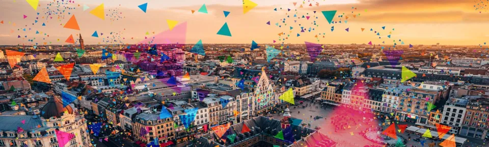 Rooftop perspective on the city center of Lille, photo sprinkled with colorful triangles