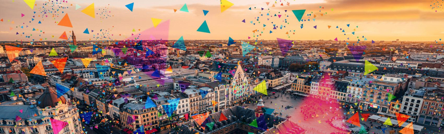 Dachfirst-Perspektive auf die Innenstadt von Lille, Foto gesprenkelt mit farbigen Dreiecken