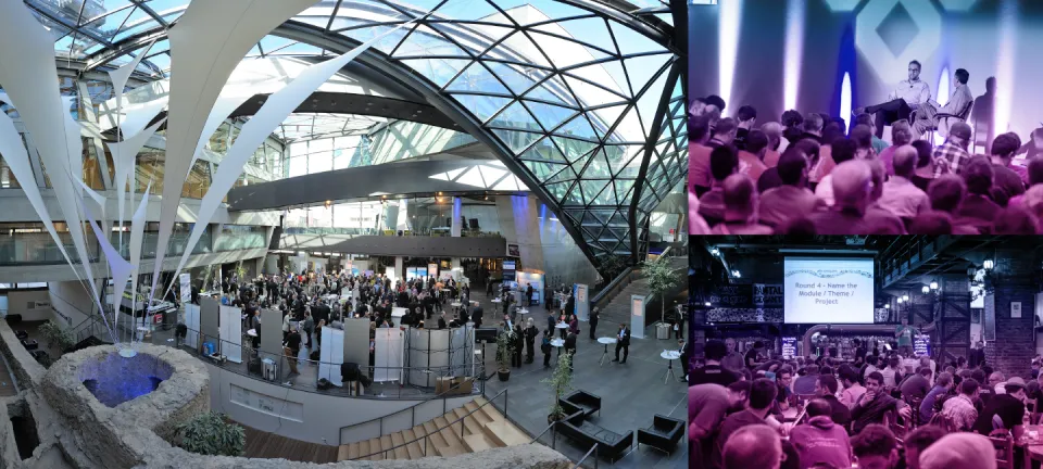 Futuristic organic glass roof arching the main lobby, plus photos of some audience and speakers sitting on stage