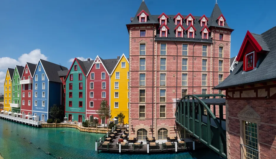 Colourful island-style houses at a waterfront