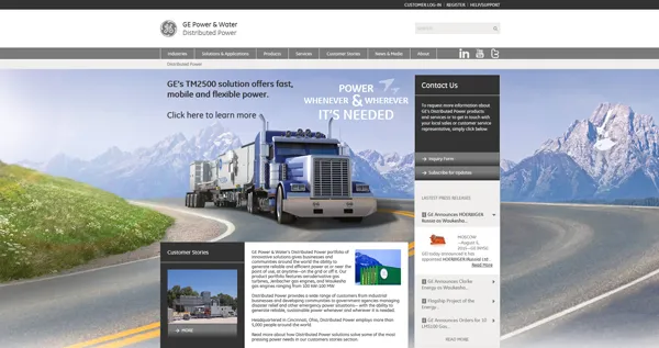 Website screenshot with a full-cover background photo: big truck in a mountain landscape