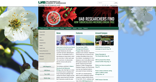 Screenshot of landing page with teasers, headline reads UAB researchers find how tuberculosis microbes break free, apple blossom in blue sky background photo