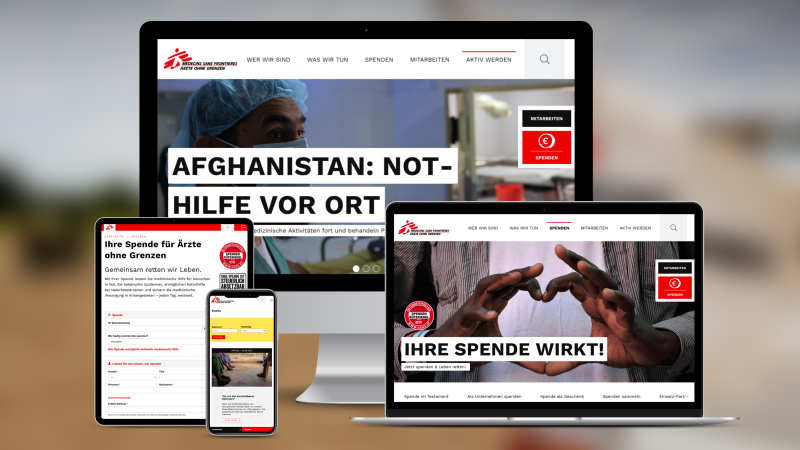 Großflächige Bilder und blockige Schlagzeilen wie 'Afghanistan: Not-Hilfe vor Ort' und 'Ihre Spende wirkt!' auf verschiedenen Geräten