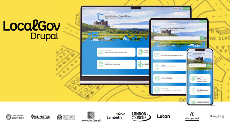 LocalGov Drupal: Beispiel-Website auf verschiedenen Geräten vor einem gelben Hintergrund mit einer Kinderzeichnung. Darunter: Logos von Kommunen.