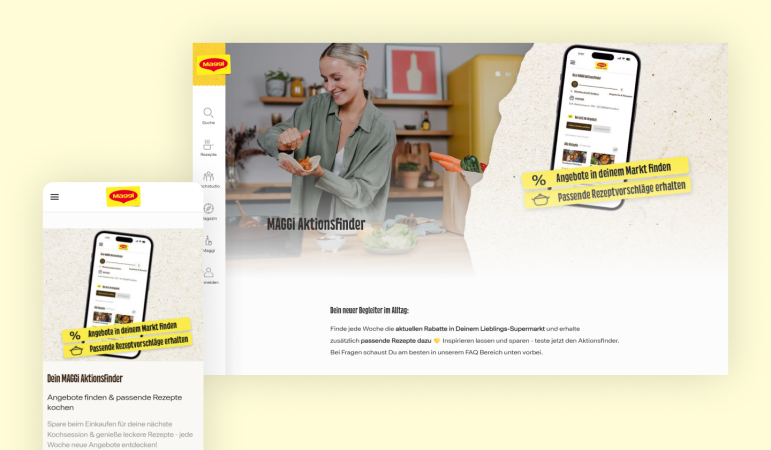 Wide and narrow home page screenshots on a light yellow background