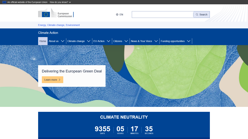Screenshot with European Commission logo, climate-related menu items, green and blue shapes on a leaf closeup background with link 'Delivering the European Green Deal', below a Climate Neutrality counter: 9355 days, 5 hours, 17 minutes, 35 seconds