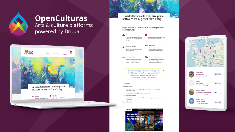 Laptop farbenfroher Startseite und Tablet mit Kartengrafik und Liste darunter, zusammen mit einem Ganzseiten-Screenshot montiert vor einem dunklen purpurfarbenen Hintergrund. Englischer Text 'OpenCulturas - Arts & culture platforms powered by Drupal'