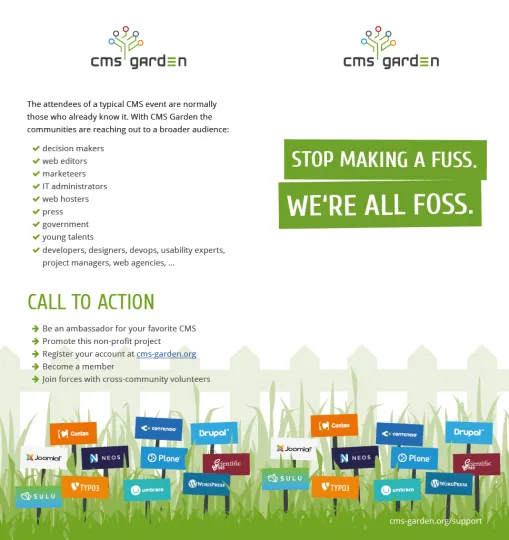 Stop making a fuss. We're all FOSS. A list of target groups e. g. decision makers, web editors, marketeers. Call to action list. Decoration: a meadow with CMS logos on signposts.