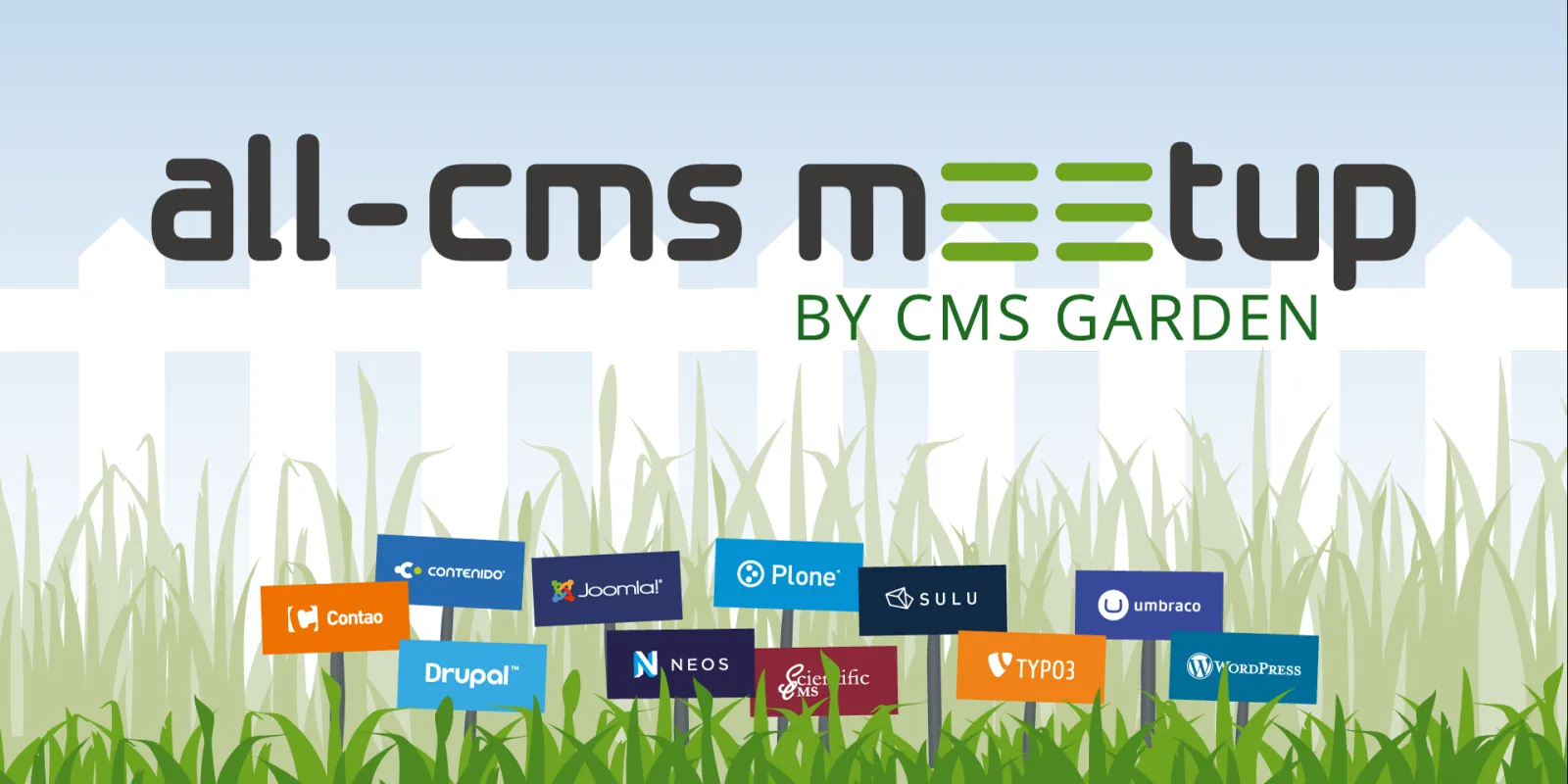 all-cms meetup by CMS Garden, Hintergrundillustration: CMS-Logos als Schilder in einer Wiese vor einem Gartenzaun und blauem Himmel