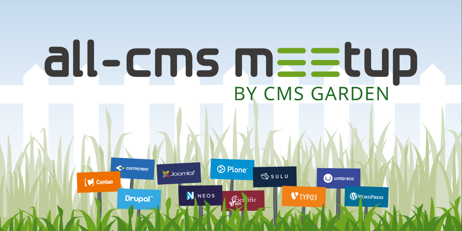 all-cms meetup by CMS Garden, Hintergrundillustration: CMS-Logos als Schilder in einer Wiese vor einem Gartenzaun und blauem Himmel