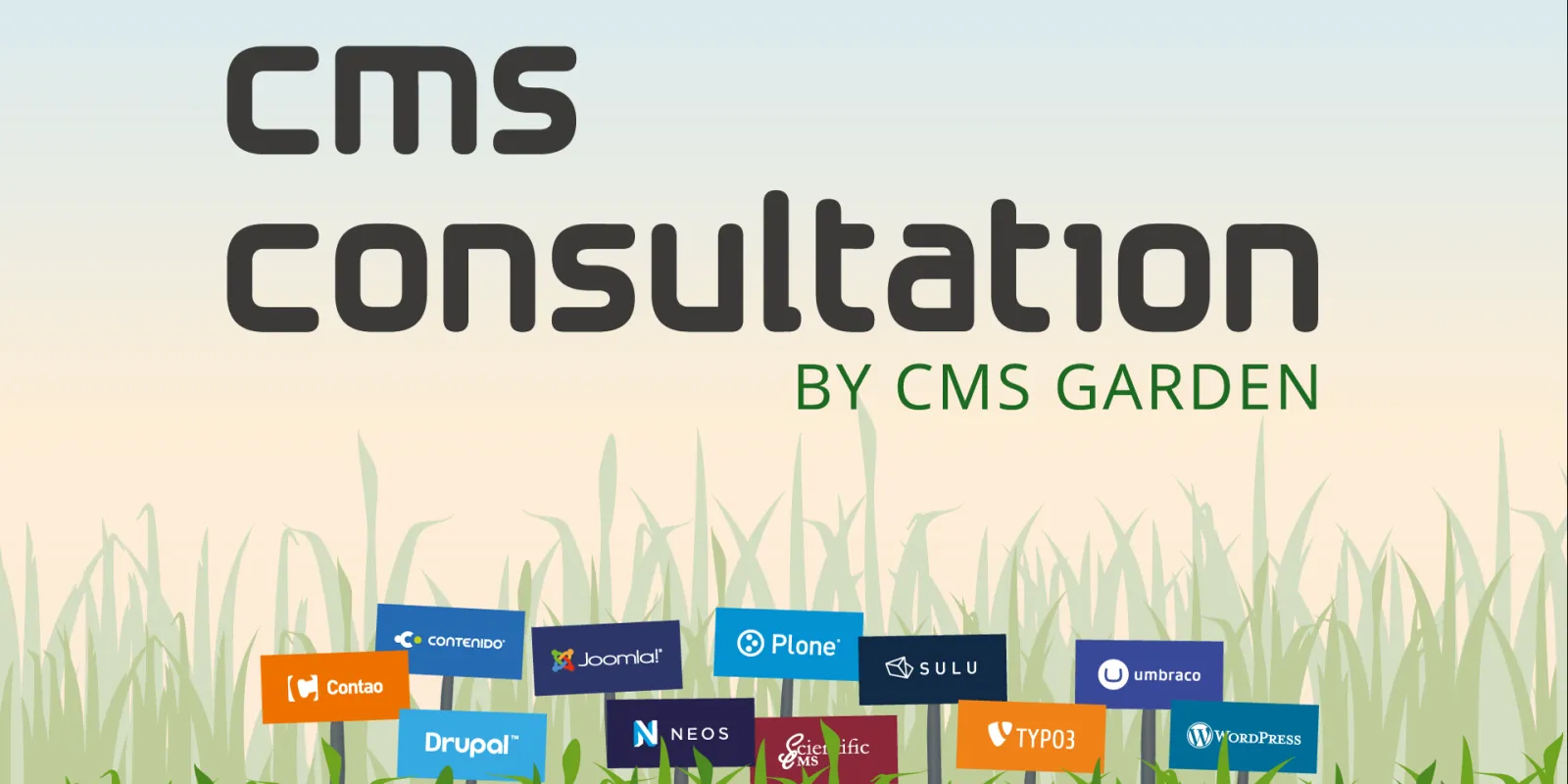 CMS consultation by CMS Garden, Hintergrundillustration: CMS-Logos als Schilder in einer Wiese vor einem Sonnenaufgangshimmel