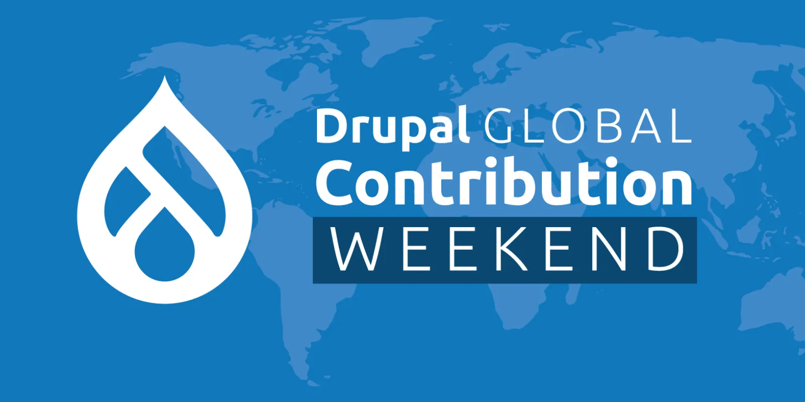 Event name and Drupal logo on a blue world map