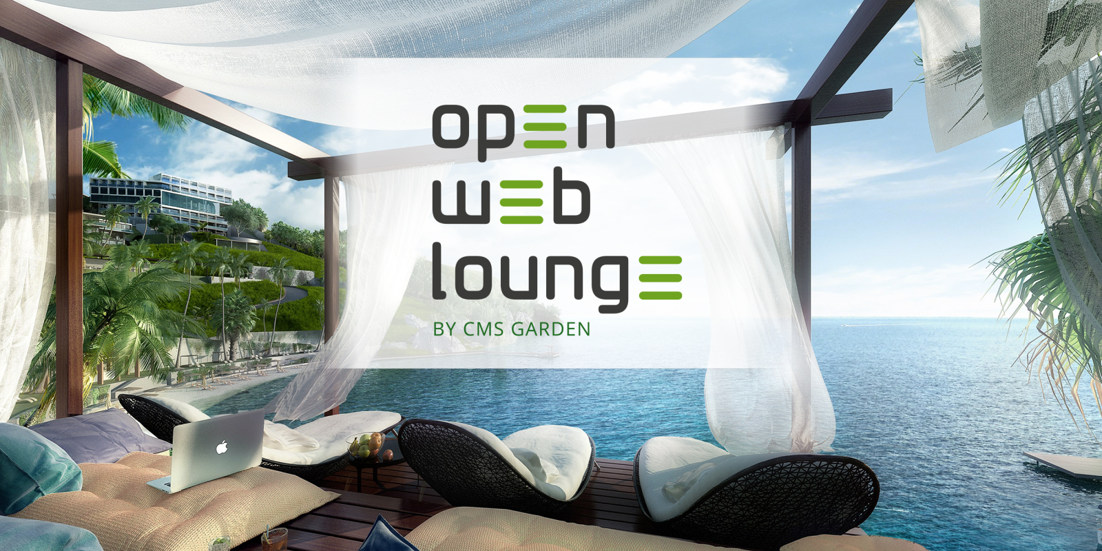 Veranstaltungslogo: Open Web Lounge by CMS Garden, fotografischer Hintergrund: Freiluft-Lounge beschattet von weißem Stoff, Ausblick über eine Bucht