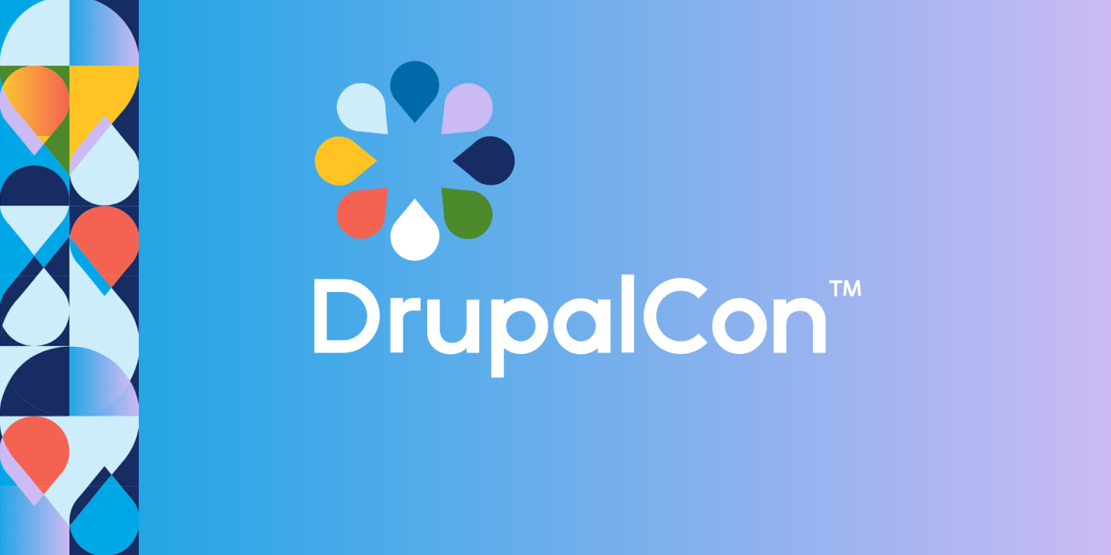 On medium blue to light purple gradient background: a blossom formed of multi-colored drops above the Word DrupalCon (TM)