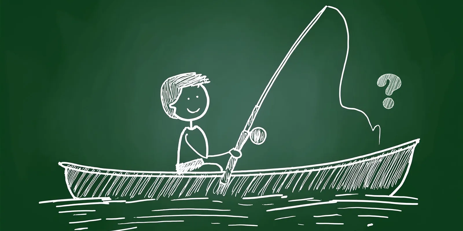 Person in a boat with a fishing rod, sketched on a chalkboard