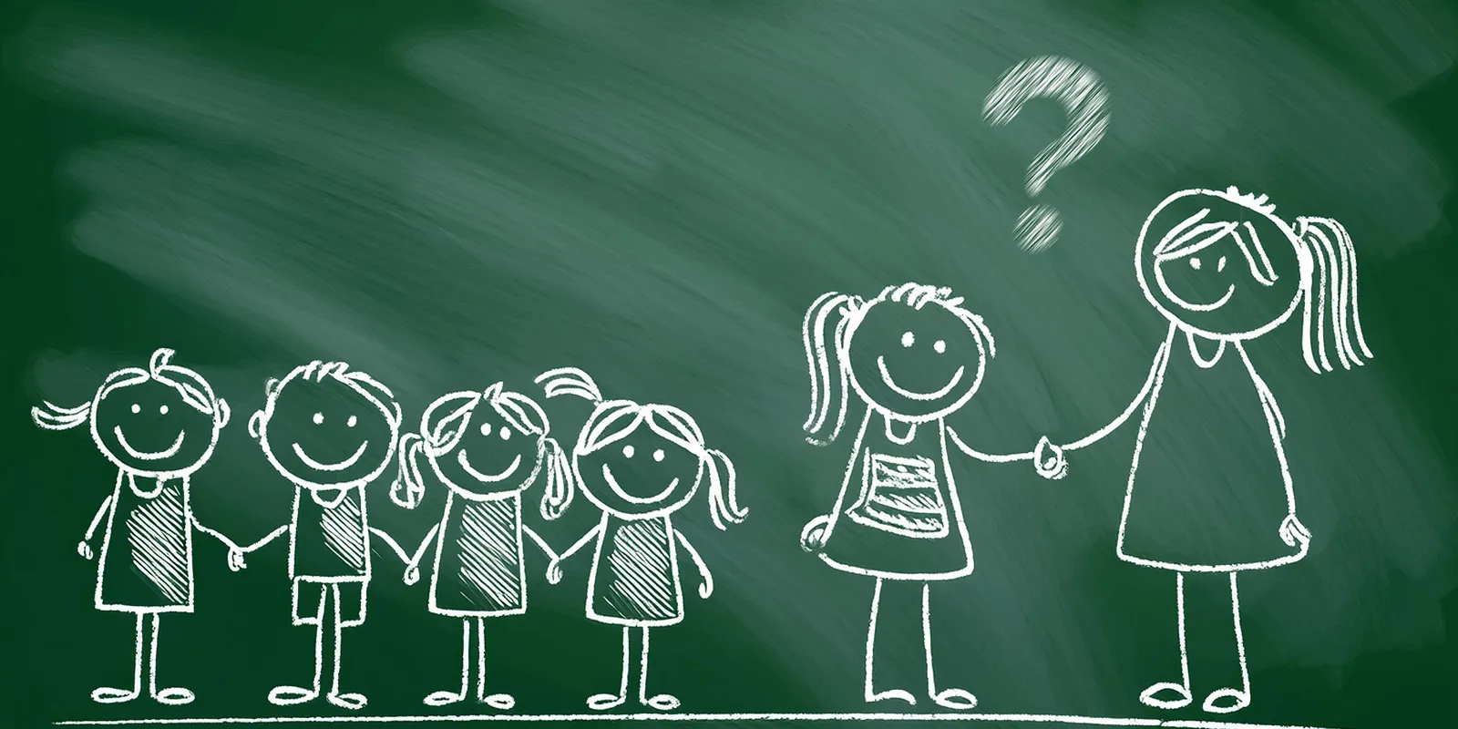 A girl shaking hands with one child in a group, sketched on a chalkboard