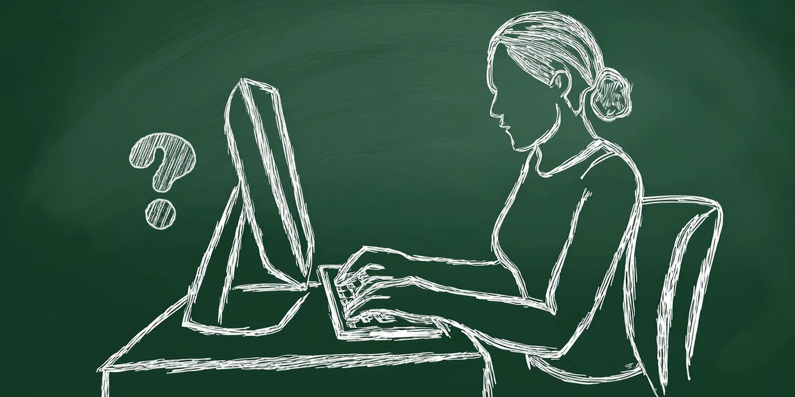 Person writing at a desktop computer, sketched on a chalkboard