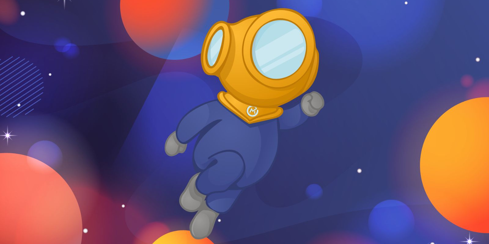 Illustration: Astronaut mascot jumping through planet-like bubbles
