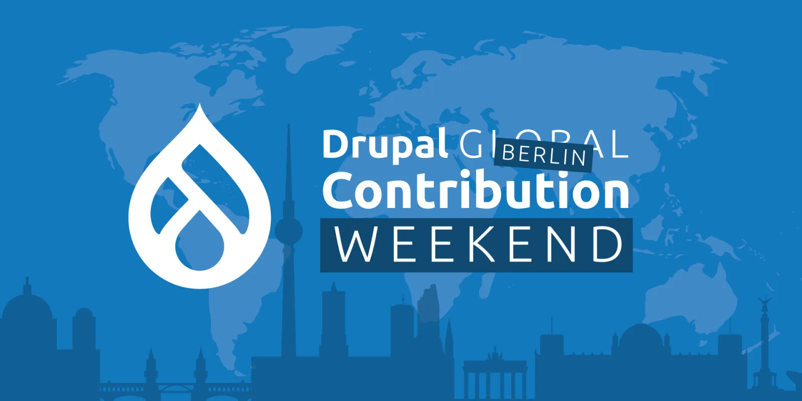 Event name, Drupal logo, Berlin Silhouette on a blue world map