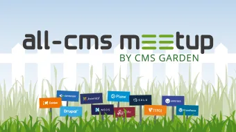 all-cms meetup by CMS Garden, Hintergrundillustration: CMS-Logos als Schilder in einer Wiese vor einem Gartenzaun und blauem Himmel