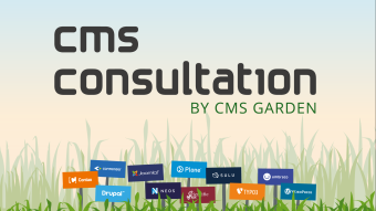 CMS consultation by CMS Garden, Hintergrundillustration: CMS-Logos als Schilder in einer Wiese vor einem Sonnenaufgangshimmel