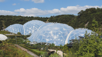 Verbundene Gewächshaus-Kuppeln aus Plastik in einer grünen Landschaft unter blauem Himmel
