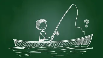 Person in a boat with a fishing rod, sketched on a chalkboard