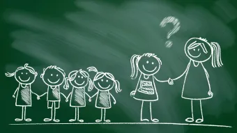 A girl shaking hands with one child in a group, sketched on a chalkboard