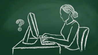 Person writing at a desktop computer, sketched on a chalkboard