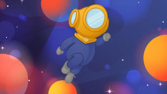 Illustration: Astronaut-Maskottchen springt zwischen Planeten herum