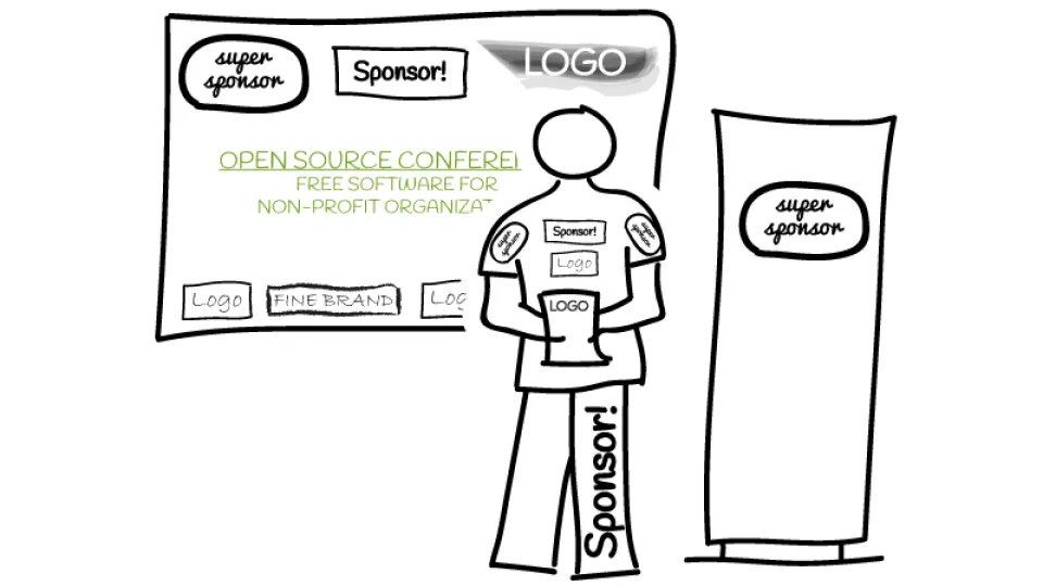 Sketch: Speaker in front of beamer screen, both cluttered with sponsor logos