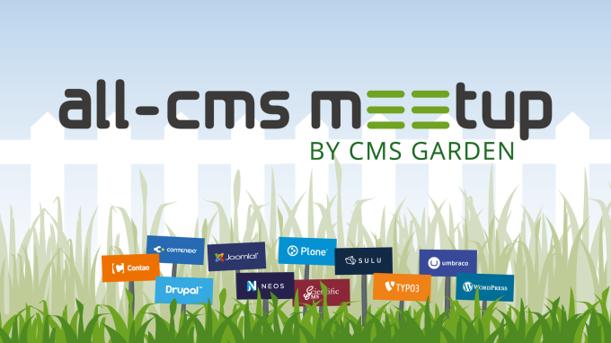 all-cms meetup by CMS Garden, Hintergrundillustration: CMS-Logos als Schilder in einer Wiese vor einem Gartenzaun und blauem Himmel