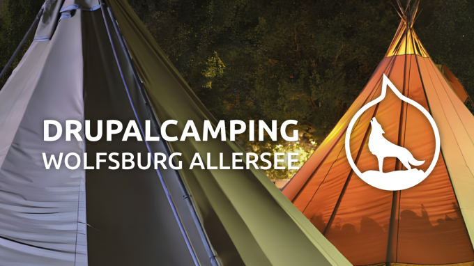 Drupalcamping Wolfsburg Allersee, eine Tropfenform mit einer heulenden Wolfssilhouette, beide auf einem Fotohintergrund mit zwei Tipi-Zelten